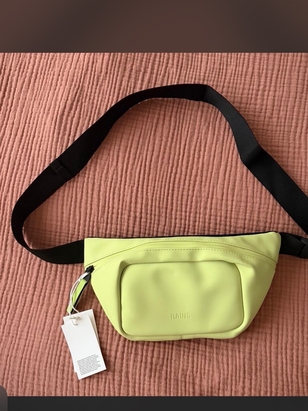 Rains Neon Lime Crossbody Belt Bag with Black Strap